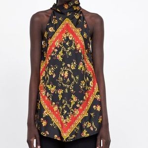 ZARA printed floral silk satin halter top